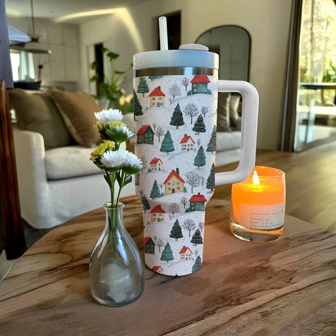 Snowy Village Christmas Custom Stanley Quencher 40oz Stainless Steel Tumbler With Handle - Image 3