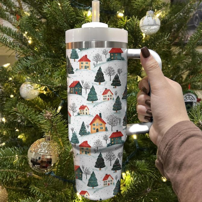 Snowy Village Christmas Custom Stanley Quencher 40oz Stainless Steel Tumbler With Handle - Image 2