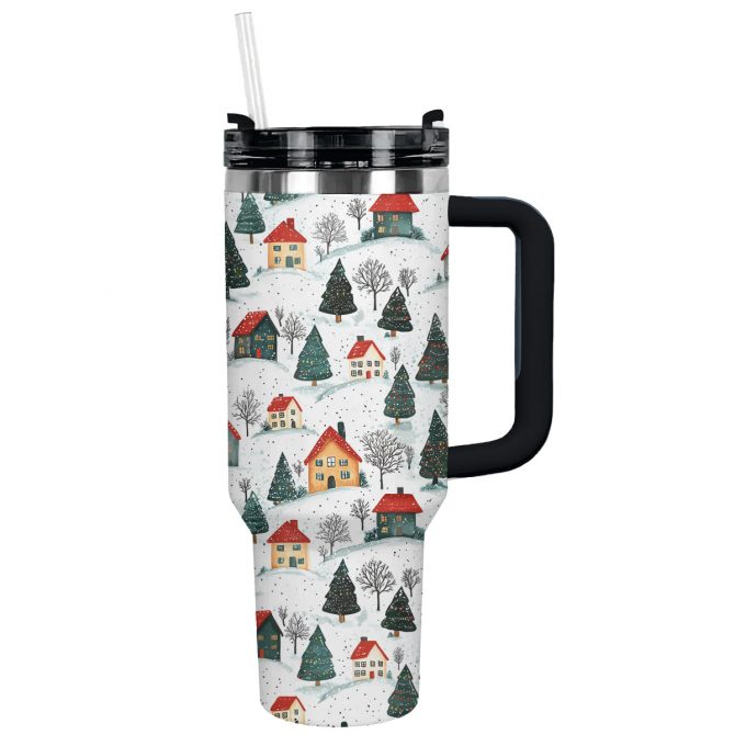 Snowy Village Christmas Custom Stanley Quencher 40oz Stainless Steel Tumbler With Handle