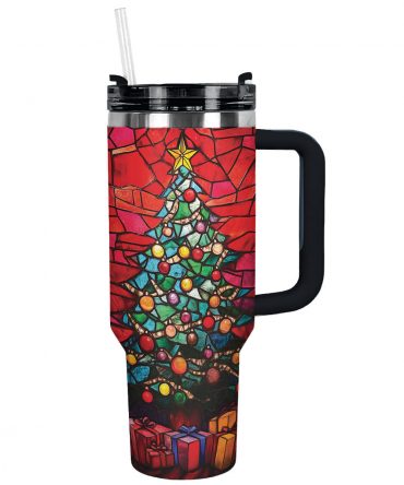 Stained Glass Christmas Tree Custom Stanley Quencher 40oz Stainless Steel Tumbler With Handle