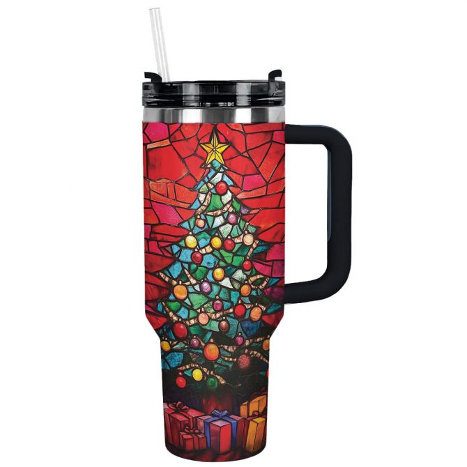 Stained Glass Christmas Tree Custom Stanley Quencher 40oz Stainless Steel Tumbler With Handle