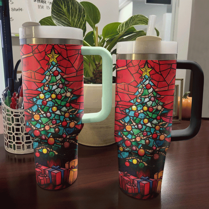 Stained Glass Christmas Tree Custom Stanley Quencher 40oz Stainless Steel Tumbler With Handle - Image 3