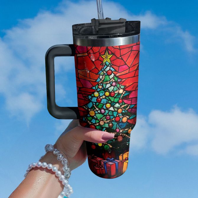 Stained Glass Christmas Tree Custom Stanley Quencher 40oz Stainless Steel Tumbler With Handle - Image 2