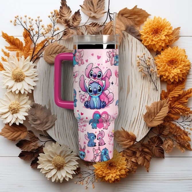 Stitch And Angel Cartoon Custom Stanley Quencher 40oz Stainless Steel Tumbler With Handle - Image 4