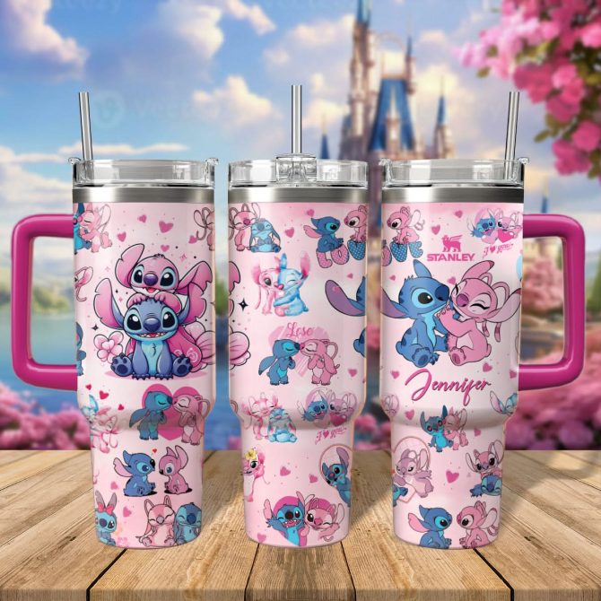 Stitch And Angel Cartoon Custom Stanley Quencher 40oz Stainless Steel Tumbler With Handle - Image 2