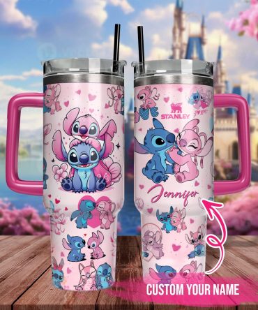 Stitch And Angel Cartoon Custom Stanley Quencher 40oz Stainless Steel Tumbler With Handle