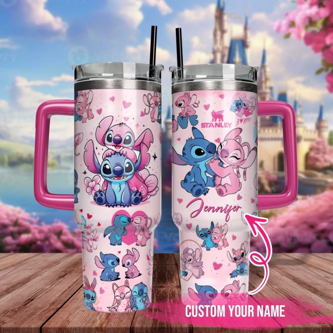 Stitch And Angel Cartoon Custom Stanley Quencher 40oz Stainless Steel Tumbler With Handle