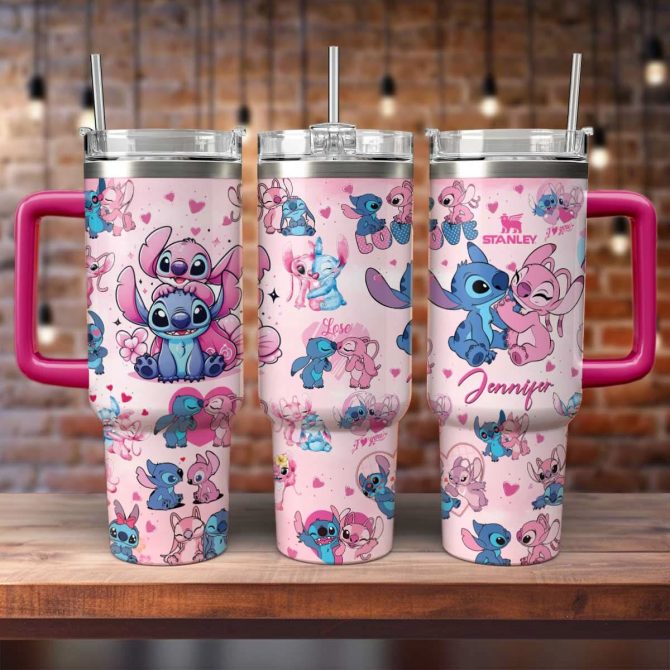 Stitch And Angel Cartoon Custom Stanley Quencher 40oz Stainless Steel Tumbler With Handle - Image 3