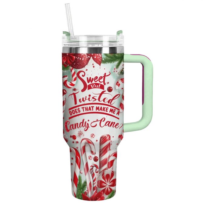 Sweet Candy Cane Christmas Custom Stanley Quencher 40oz Stainless Steel Tumbler With Handle