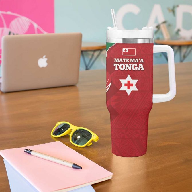 Tonga And Australia Rugby Mate Maa Tongan Ngatu Mix Kangaroos Aboriginal Custom Stanley Quencher 40oz Stainless Steel Tumbler With Handle - Image 5