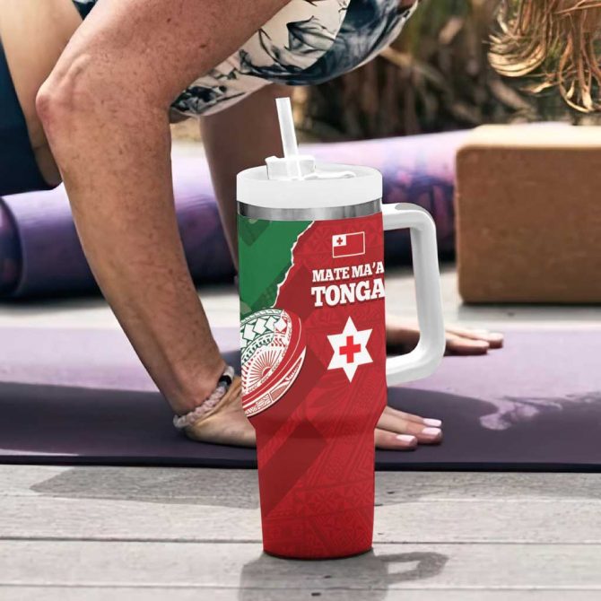 Tonga And Australia Rugby Mate Maa Tongan Ngatu Mix Kangaroos Aboriginal Custom Stanley Quencher 40oz Stainless Steel Tumbler With Handle - Image 6