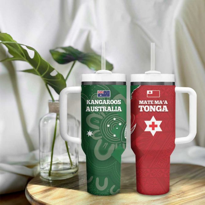 Tonga And Australia Rugby Mate Maa Tongan Ngatu Mix Kangaroos Aboriginal Custom Stanley Quencher 40oz Stainless Steel Tumbler With Handle - Image 9