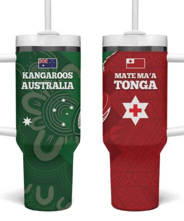 Tonga And Australia Rugby Mate Maa Tongan Ngatu Mix Kangaroos Aboriginal Custom Stanley Quencher 40oz Stainless Steel Tumbler With Handle
