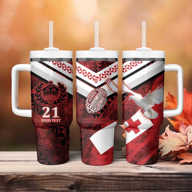 Tonga XIII Rugby Tribal Tattoo Mate Ma‚Äôa Tonga Kupesi Ngatu Grunge Custom Stanley Quencher 40oz Stainless Steel Tumbler With Handle - Image 4