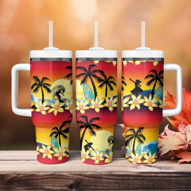 Tropical Islands Sunset Hawaii Go Surfing With Hula Girl Summer Custom Stanley Quencher 40oz Stainless Steel Tumbler With Handle - Image 4