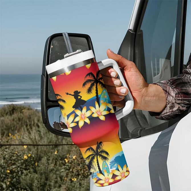 Tropical Islands Sunset Hawaii Go Surfing With Hula Girl Summer Custom Stanley Quencher 40oz Stainless Steel Tumbler With Handle - Image 7