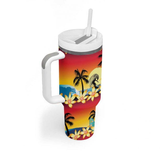 Tropical Islands Sunset Hawaii Go Surfing With Hula Girl Summer Custom Stanley Quencher 40oz Stainless Steel Tumbler With Handle - Image 2