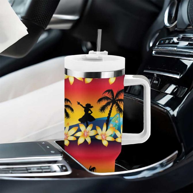 Tropical Islands Sunset Hawaii Go Surfing With Hula Girl Summer Custom Stanley Quencher 40oz Stainless Steel Tumbler With Handle - Image 8