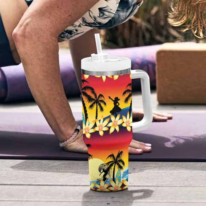Tropical Islands Sunset Hawaii Go Surfing With Hula Girl Summer Custom Stanley Quencher 40oz Stainless Steel Tumbler With Handle - Image 6
