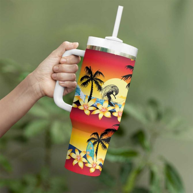 Tropical Islands Sunset Hawaii Go Surfing With Hula Girl Summer Custom Stanley Quencher 40oz Stainless Steel Tumbler With Handle - Image 3