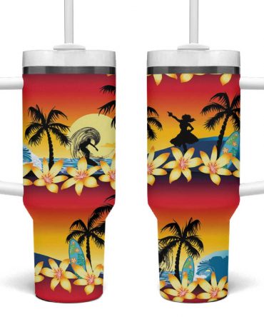 Tropical Islands Sunset Hawaii Go Surfing With Hula Girl Summer Custom Stanley Quencher 40oz Stainless Steel Tumbler With Handle