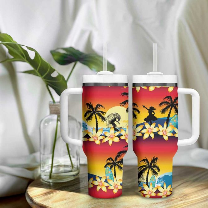 Tropical Islands Sunset Hawaii Go Surfing With Hula Girl Summer Custom Stanley Quencher 40oz Stainless Steel Tumbler With Handle - Image 9