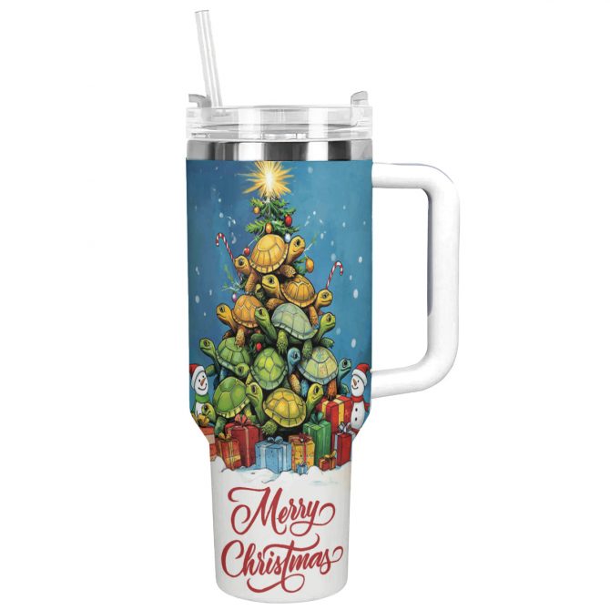 Turtle Christmas Tree Custom Stanley Quencher 40oz Stainless Steel Tumbler With Handle