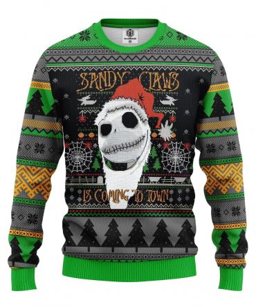 Jack Skellington Nightmare Before Christmas Sandy Claws Is Coming To Town Ugly Christmas Sweater