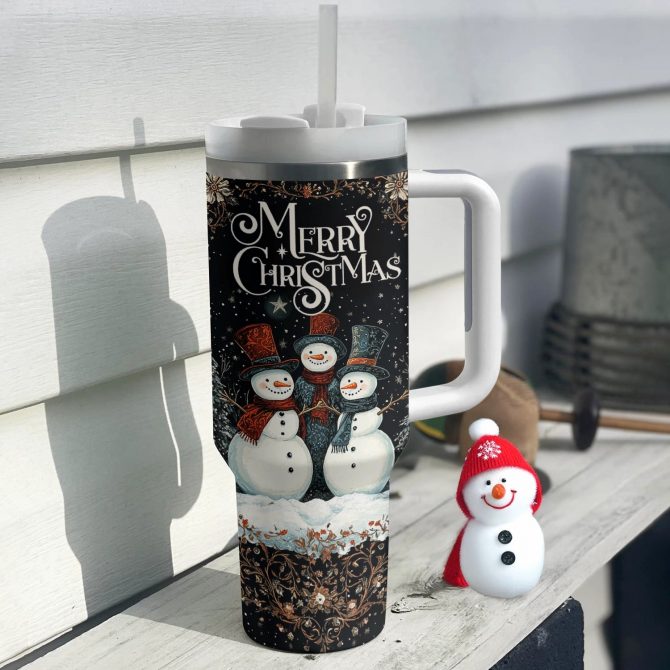 Vibrant Christmas Night Of Snowmen Custom Stanley Quencher 40oz Stainless Steel Tumbler With Handle - Image 2