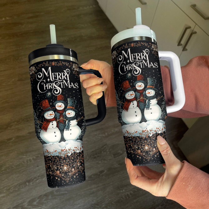 Vibrant Christmas Night Of Snowmen Custom Stanley Quencher 40oz Stainless Steel Tumbler With Handle - Image 3