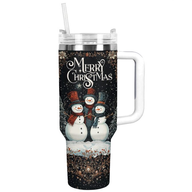 Vibrant Christmas Night Of Snowmen Custom Stanley Quencher 40oz Stainless Steel Tumbler With Handle