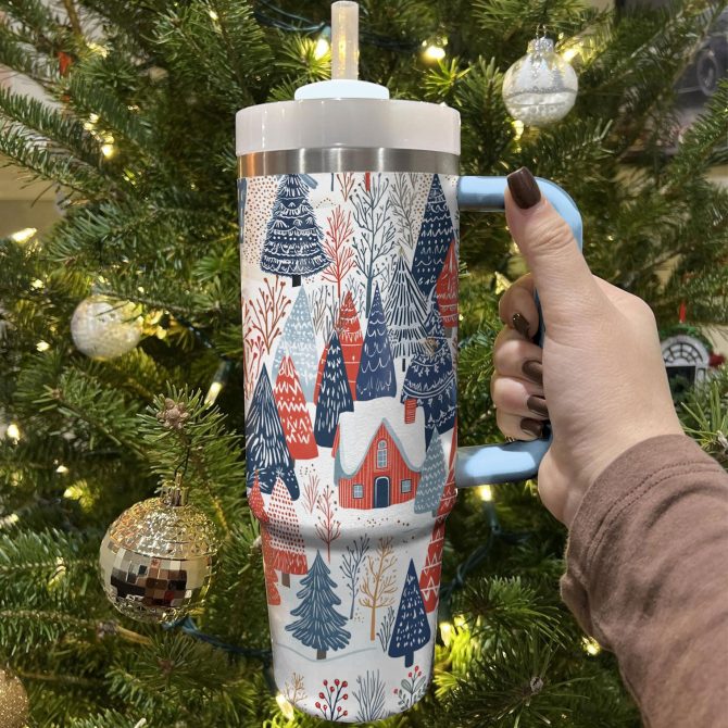Village In Winter Christmas Custom Stanley Quencher 40oz Stainless Steel Tumbler With Handle - Image 3