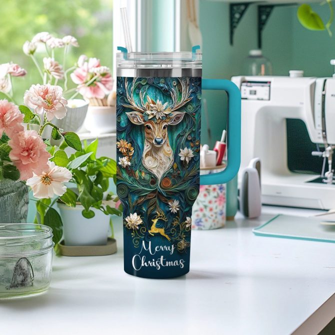 Vintage Christmas Reindeer Custom Stanley Quencher 40oz Stainless Steel Tumbler With Handle - Image 3