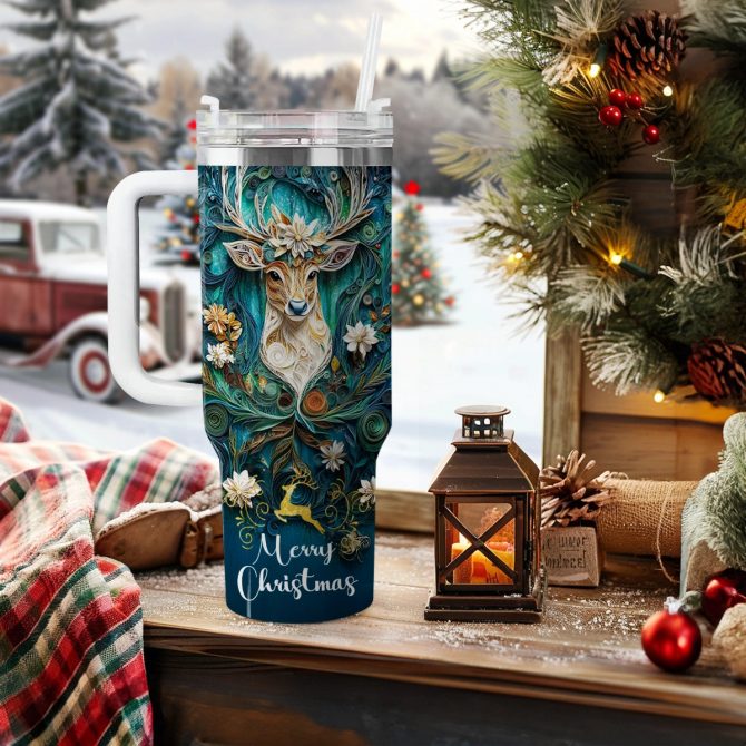 Vintage Christmas Reindeer Custom Stanley Quencher 40oz Stainless Steel Tumbler With Handle - Image 2