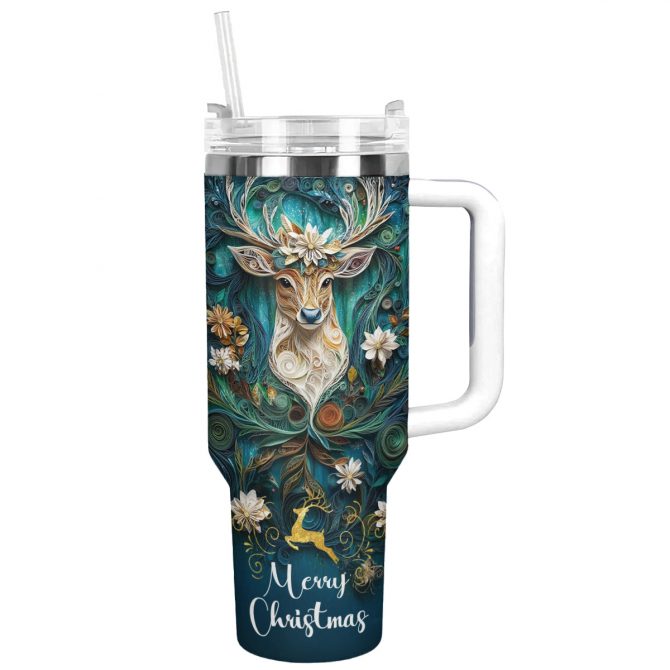 Vintage Christmas Reindeer Custom Stanley Quencher 40oz Stainless Steel Tumbler With Handle