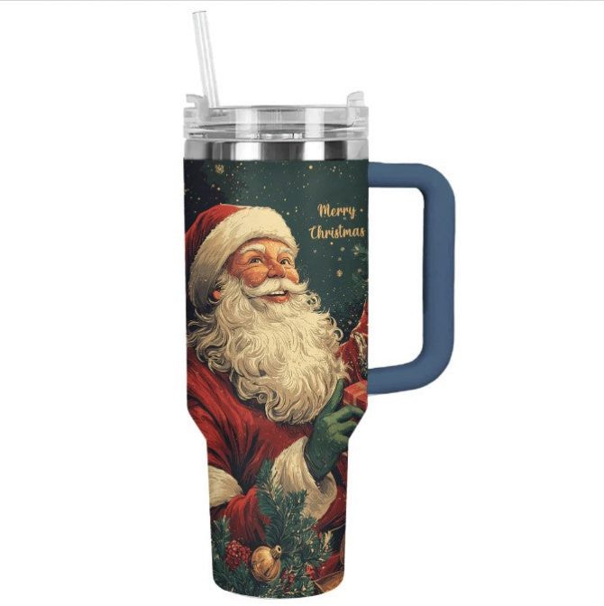 Vintage Santa Claus Christmas Custom Stanley Quencher 40oz Stainless Steel Tumbler With Handle
