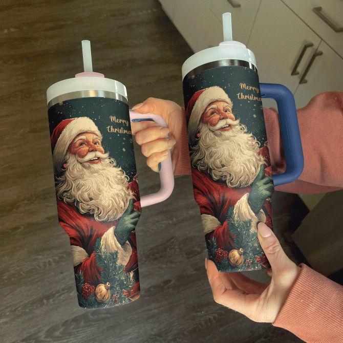 Vintage Santa Claus Christmas Custom Stanley Quencher 40oz Stainless Steel Tumbler With Handle - Image 3