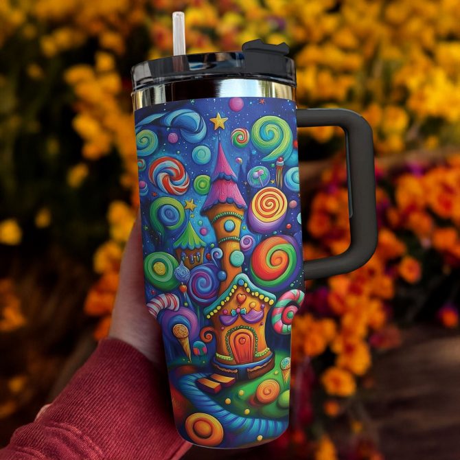 Whimsical Candy Wonderland Christmas Custom Stanley Quencher 40oz Stainless Steel Tumbler With Handle - Image 2
