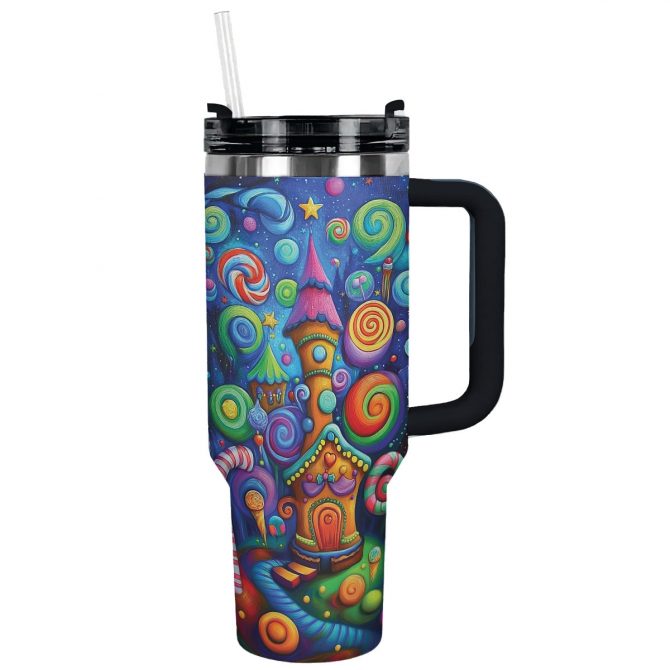 Whimsical Candy Wonderland Christmas Custom Stanley Quencher 40oz Stainless Steel Tumbler With Handle