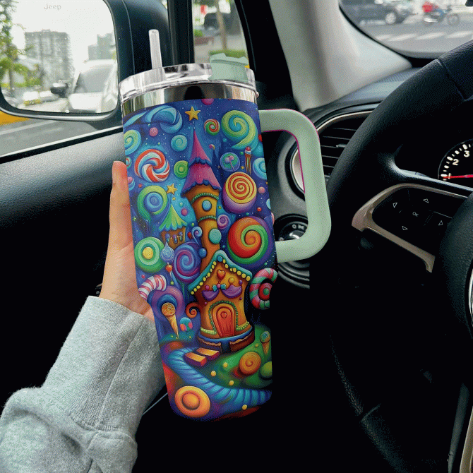 Whimsical Candy Wonderland Christmas Custom Stanley Quencher 40oz Stainless Steel Tumbler With Handle - Image 3
