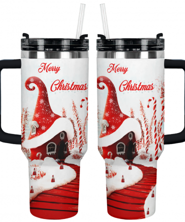 Whimsical Red House Christmas Custom Stanley Quencher 40oz Stainless Steel Tumbler With Handle