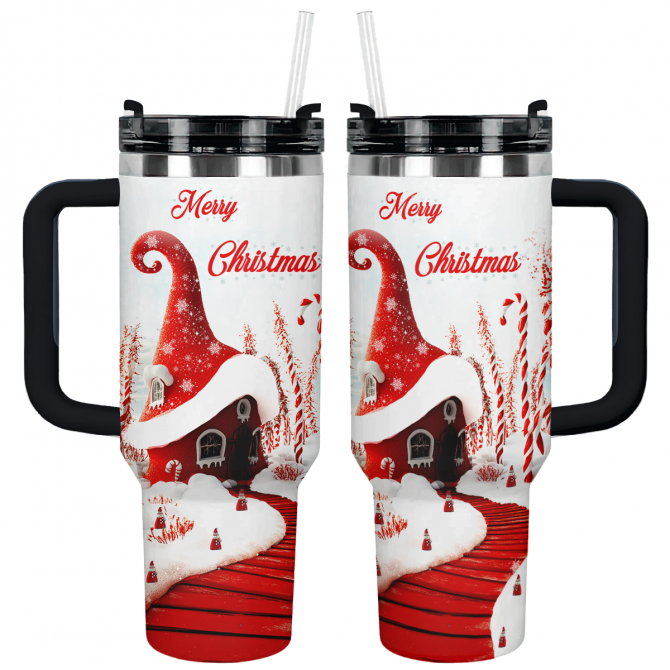 Whimsical Red House Christmas Custom Stanley Quencher 40oz Stainless Steel Tumbler With Handle