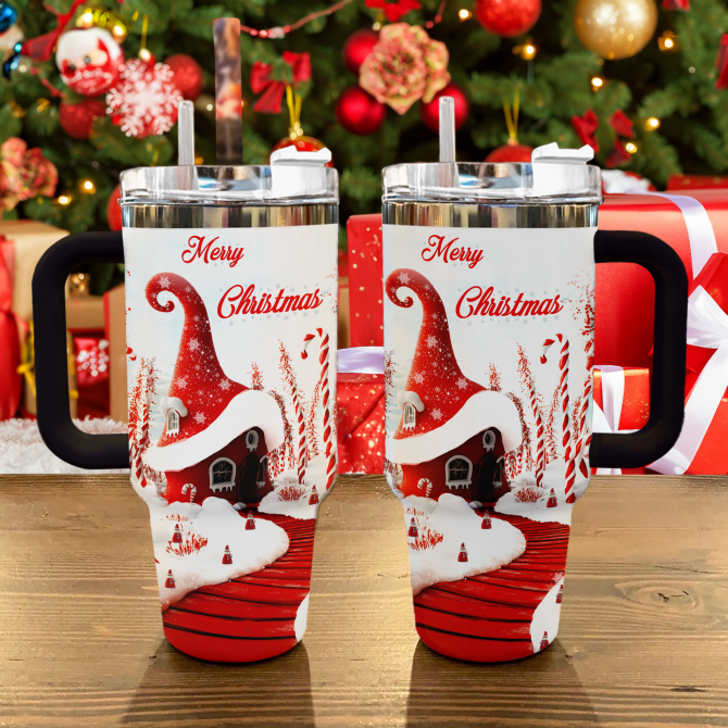 Whimsical Red House Christmas Custom Stanley Quencher 40oz Stainless Steel Tumbler With Handle - Image 2