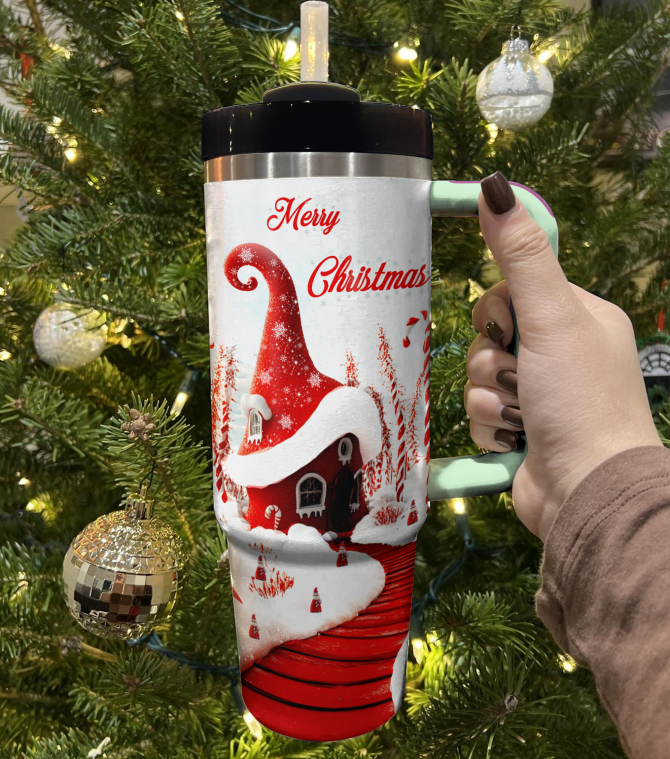 Whimsical Red House Christmas Custom Stanley Quencher 40oz Stainless Steel Tumbler With Handle - Image 3