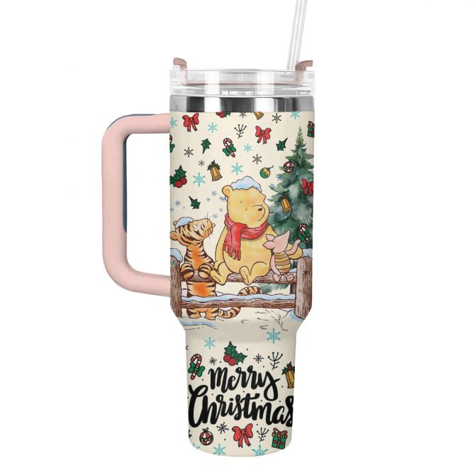 Winnie And Friends Christmas Custom Stanley Quencher 40oz Stainless Steel Tumbler With Handle