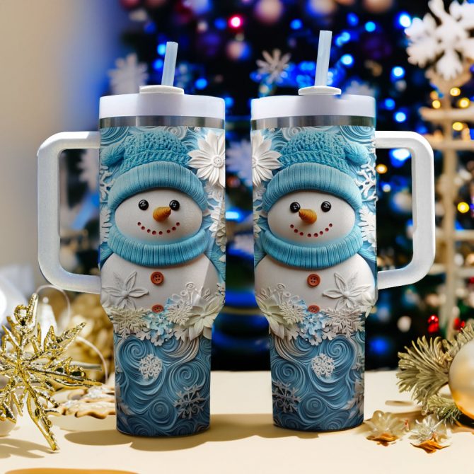 Winter Chic Snowman Christmas Custom Stanley Quencher 40oz Stainless Steel Tumbler With Handle - Image 3