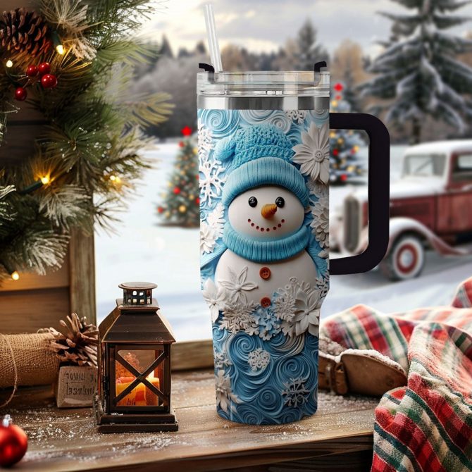 Winter Chic Snowman Christmas Custom Stanley Quencher 40oz Stainless Steel Tumbler With Handle - Image 2