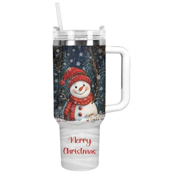Winter Forest Snowman Christmas Custom Stanley Quencher 40oz Stainless Steel Tumbler With Handle