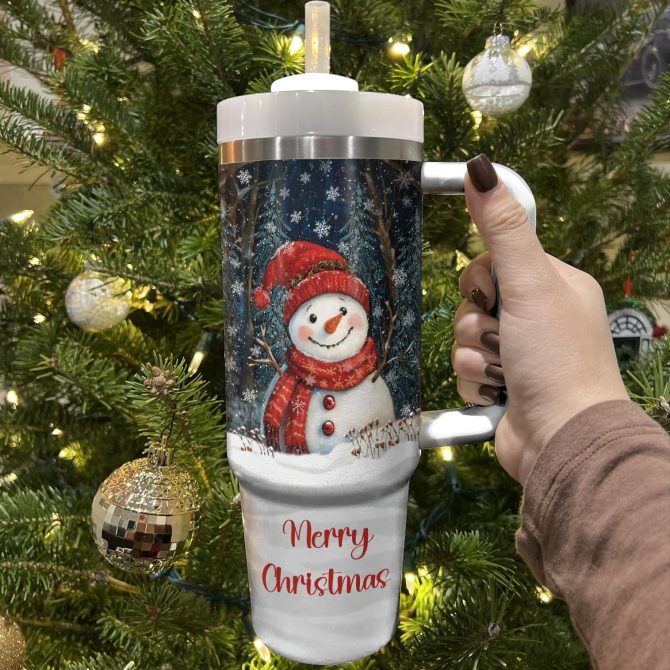 Winter Forest Snowman Christmas Custom Stanley Quencher 40oz Stainless Steel Tumbler With Handle - Image 3