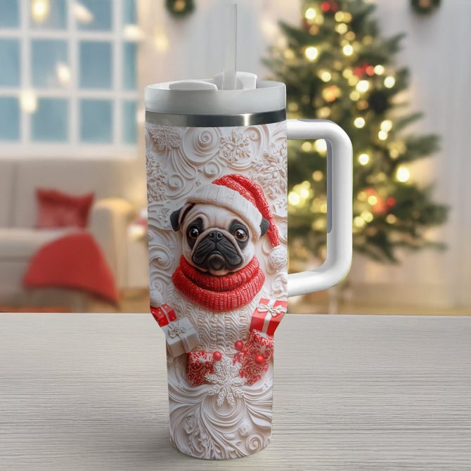 Wintery Puggy Christmas Custom Stanley Quencher 40oz Stainless Steel Tumbler With Handle - Image 2